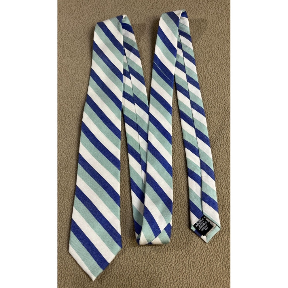 Wembley Green Blue‎ White Striped Tie Men's Silk/Linen Blend Necktie 59.5" New